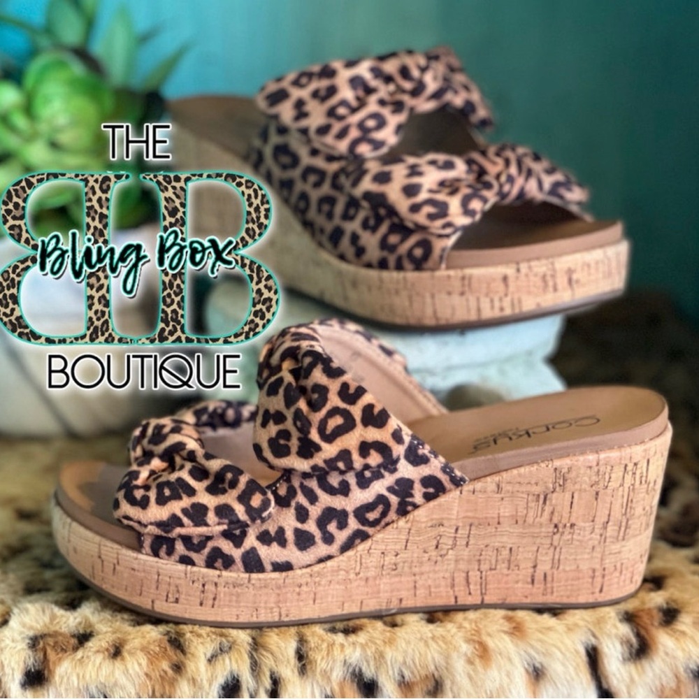 Corkys Leopard Print Cork Wedge Sandals - Brown/Tan